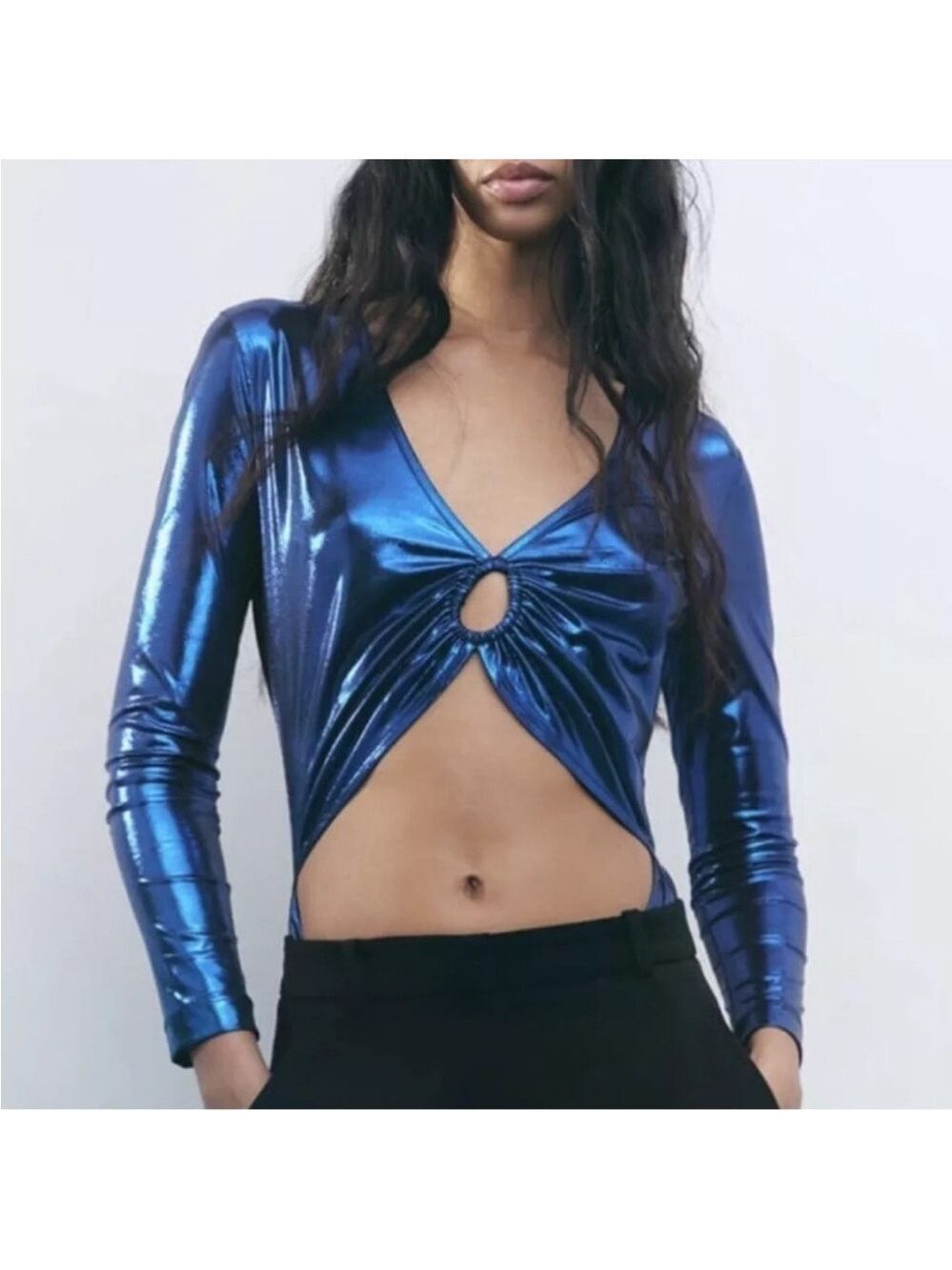 Zara Festive Days Long Sleeve Cut Out Bodysuit Women’s S Metallic Blue
